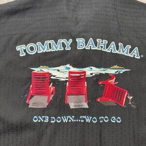 Tommy Bahama Camp Shirt Men XL Black One Down Two to Go Graphic Print Silk